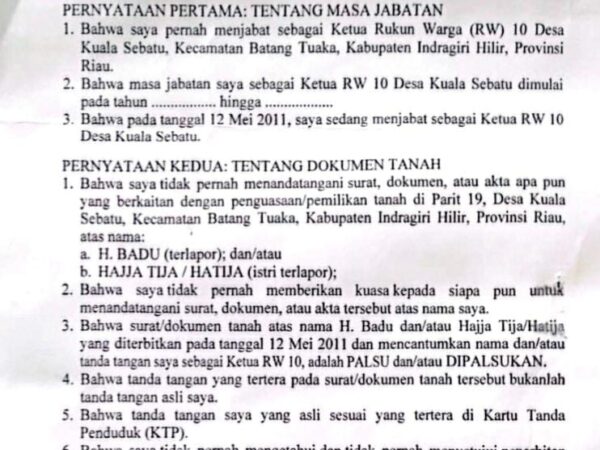 Mantan Ketua RW 10 Aset Keluarkan Surat Pernyataan: Tanda Tangannya di Dokumen Tanah H. Badu Dinyatakan PALSU